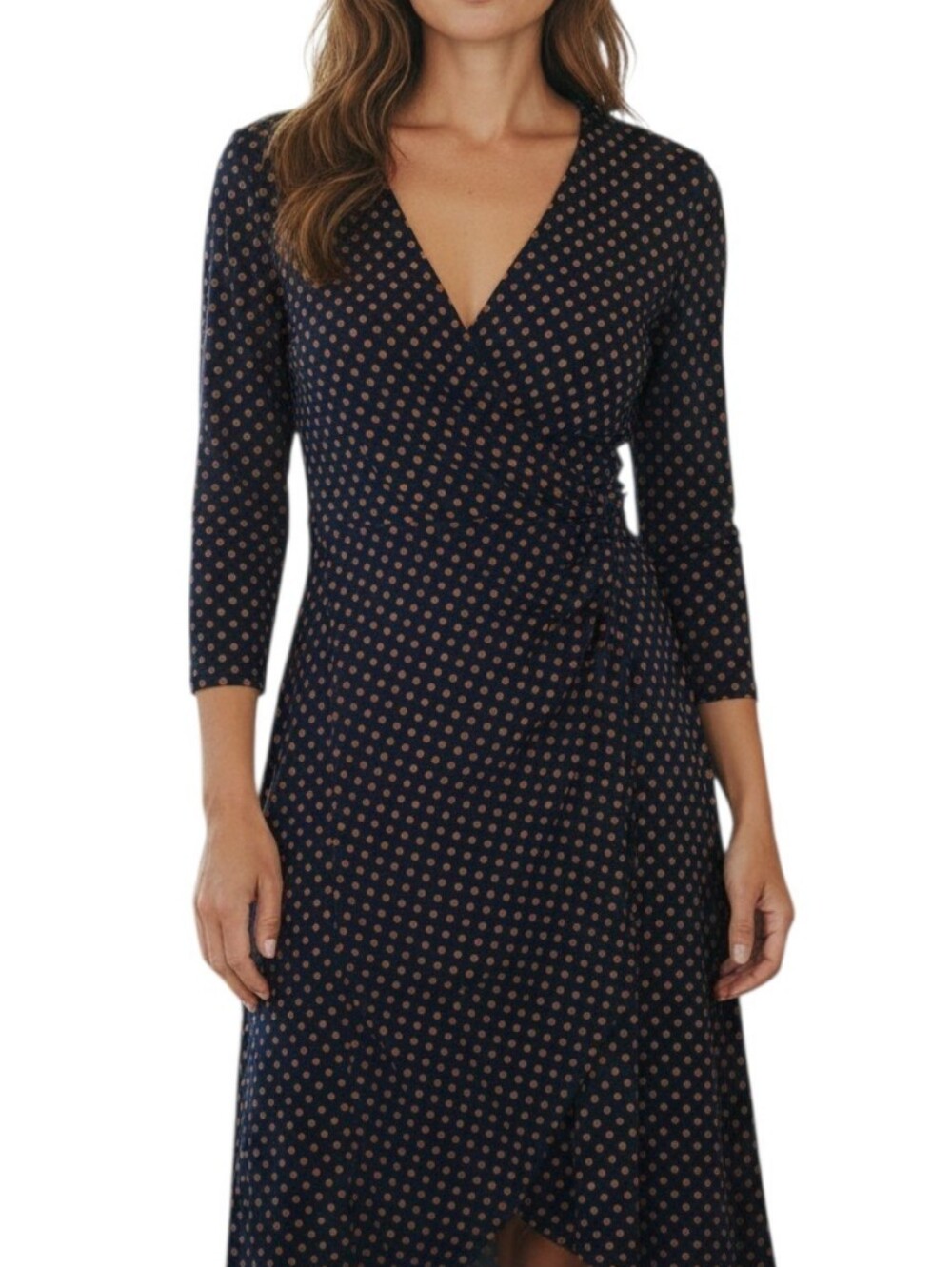 Chetta B Navy Dot Faux Wrap Stretchy Dress